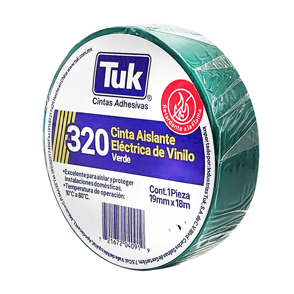 1pza Cinta aislante eléctrica de vinilo tuk color verde con 18m y 1.9…