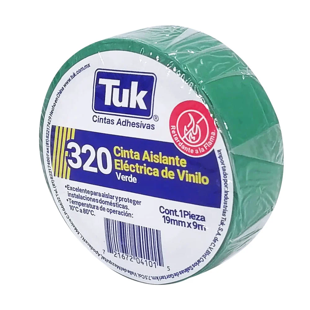 1pza Cinta aislante eléctrica de vinilo tuk color verde con 9m y 1.9c…