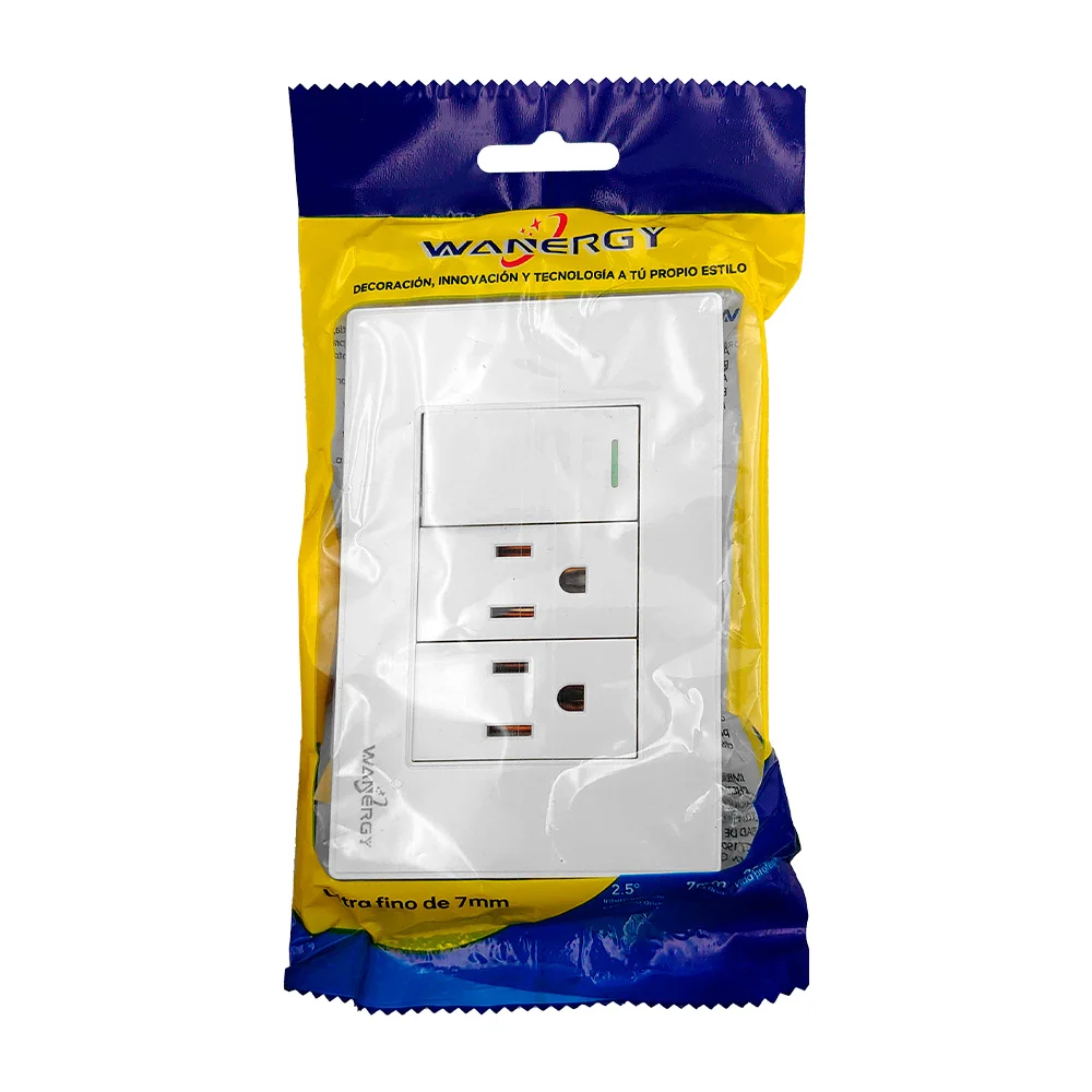Placa wanergy de 2 tomacorrientes y 1 apagador sencillo, de color bla…