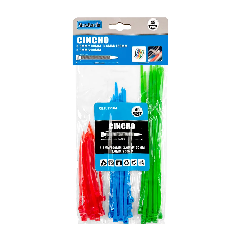Blíster con 45 cinchos de plástico, tres medidas 3.6x100mm, 3.6x150mm…