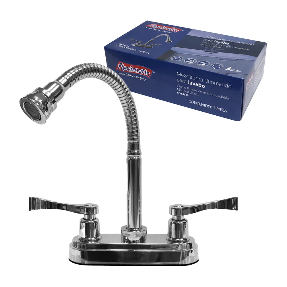 Llave mezcladora duomando para lavabo con cuello flexible y manerales…