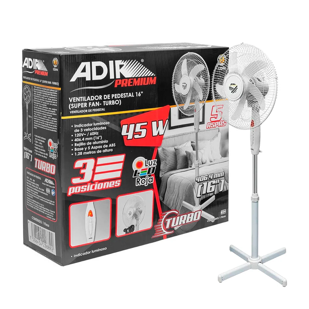 Ventilador adir con 5 aspas de pedestal de 16 pulgadas con 3 velocida…