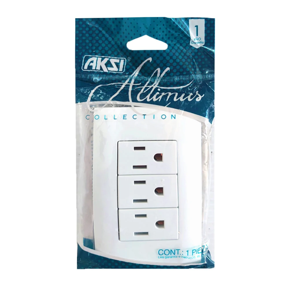 Placa enchufe de pared aksi con 3 contactos tomacorriente en color bl…