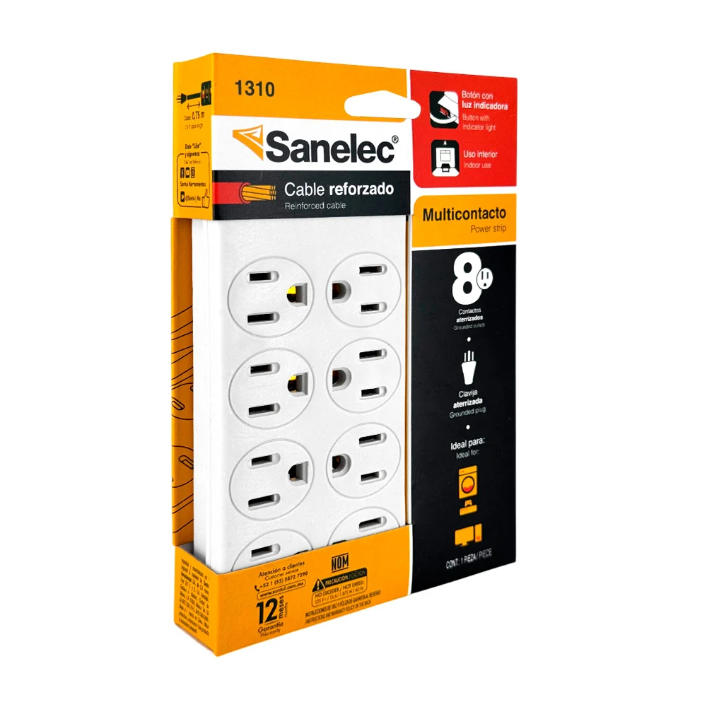 Barra multicontacto sanelec con 8 tomacorrientes, cable reforzado y b…