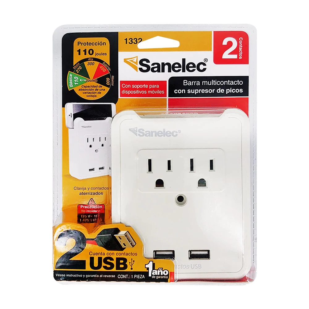 Barra multicontacto sanelec con 2 tomacorrientes, 2 puertos usb y sop…