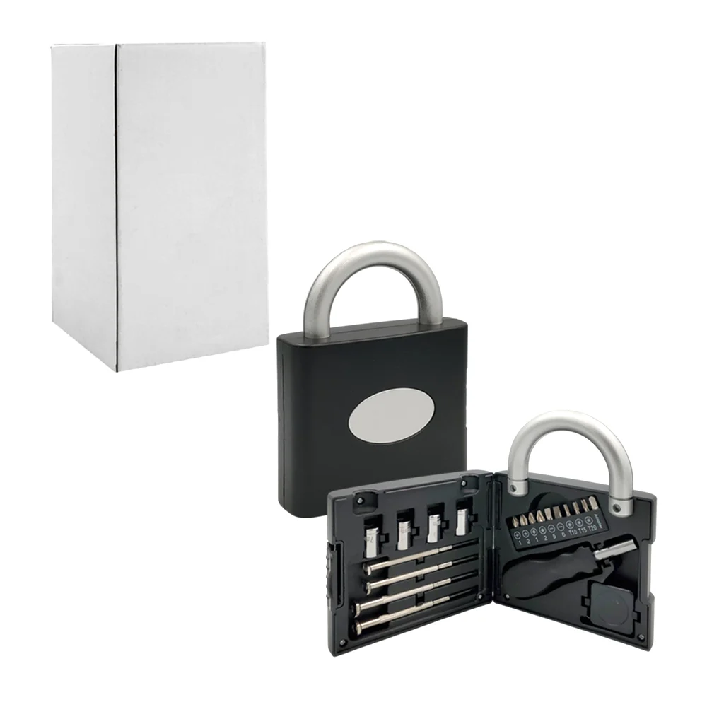 Caja - estuche de herramientas en forma de candado con desarmador, fl…