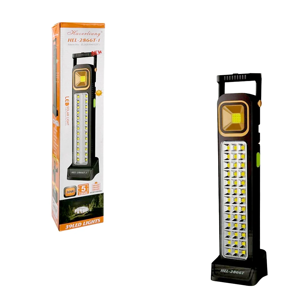 Lámpara recargable de emergencia con 39 leds, panel solar y base / he…