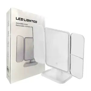 Espejo de maquillaje plegable tríptico con diferentes aumentos, luz l…