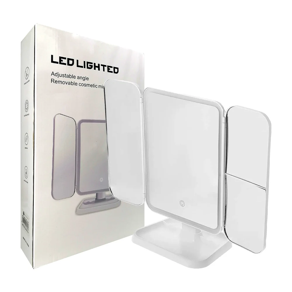 Espejo de maquillaje plegable tríptico con diferentes aumentos, luz l…