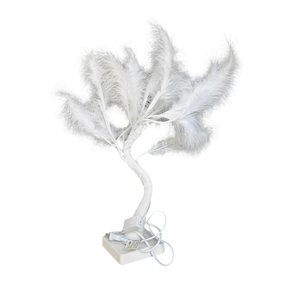 Lámpara decorativa en forma de árbol blanco con plumas blancas y 20 f…