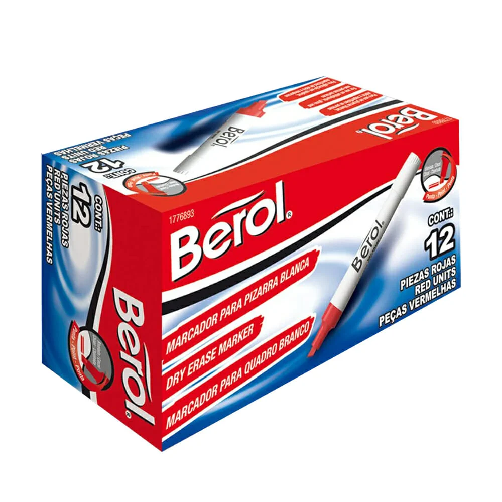 Caja con 12 marcadores de agua berol en color rojo para pintarron bla…