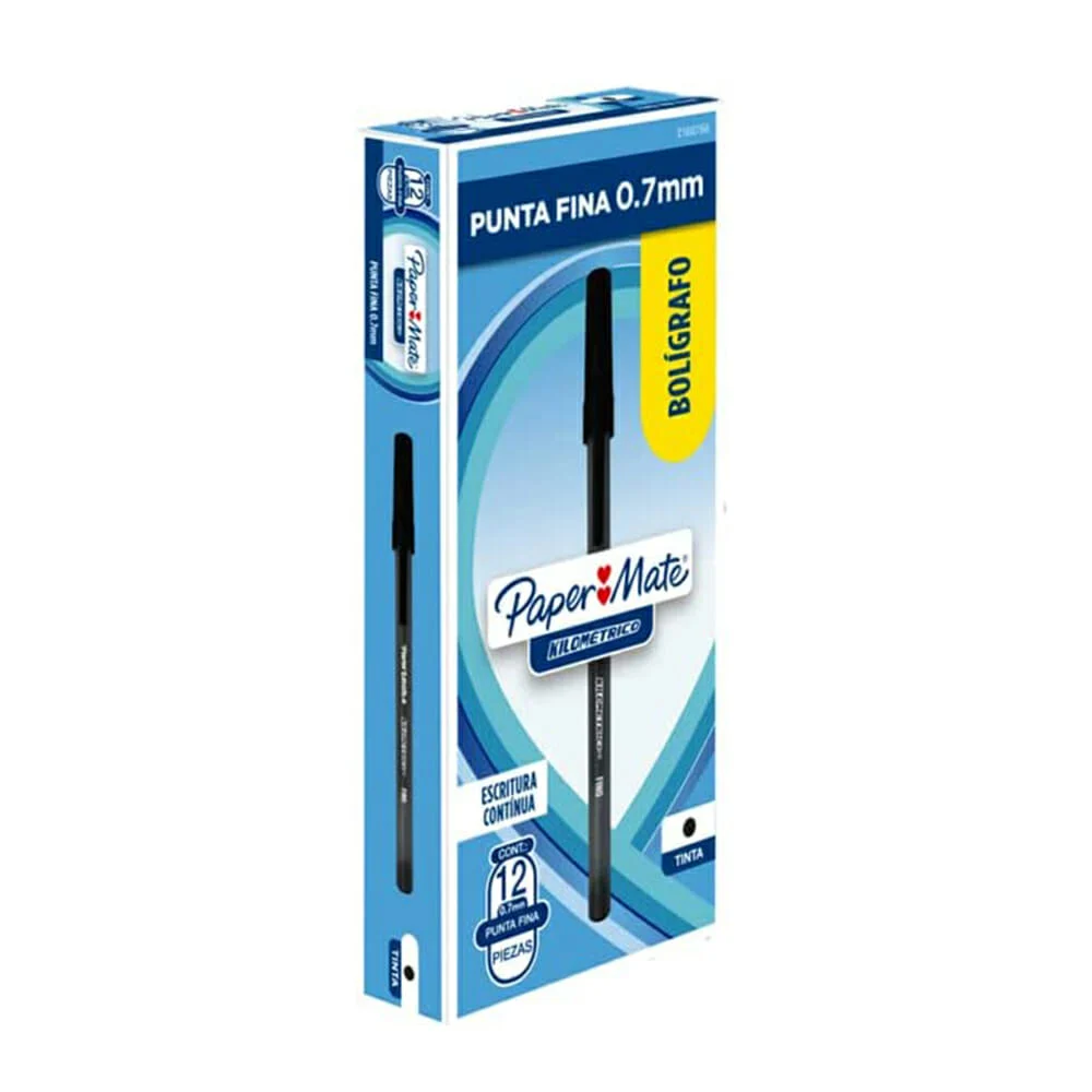 Paquete con 12 plumas bolígrafos paper mate kilometrico de tinta negra con punta fina 0.7mm / 2166766