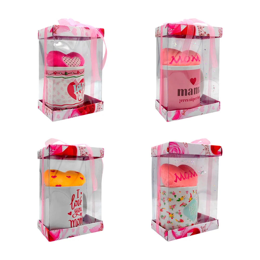 Caja rectangular transparente con taza de cerámica con temática de dí…