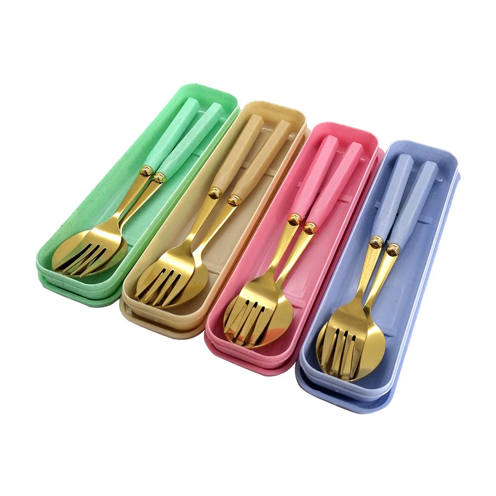 Estuche con 2 cubiertos, cuchara y tenedor con mango de hexágono colo…