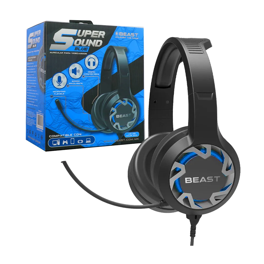 Audífonos diadema beast super sound con luz led color azul y micrófon…