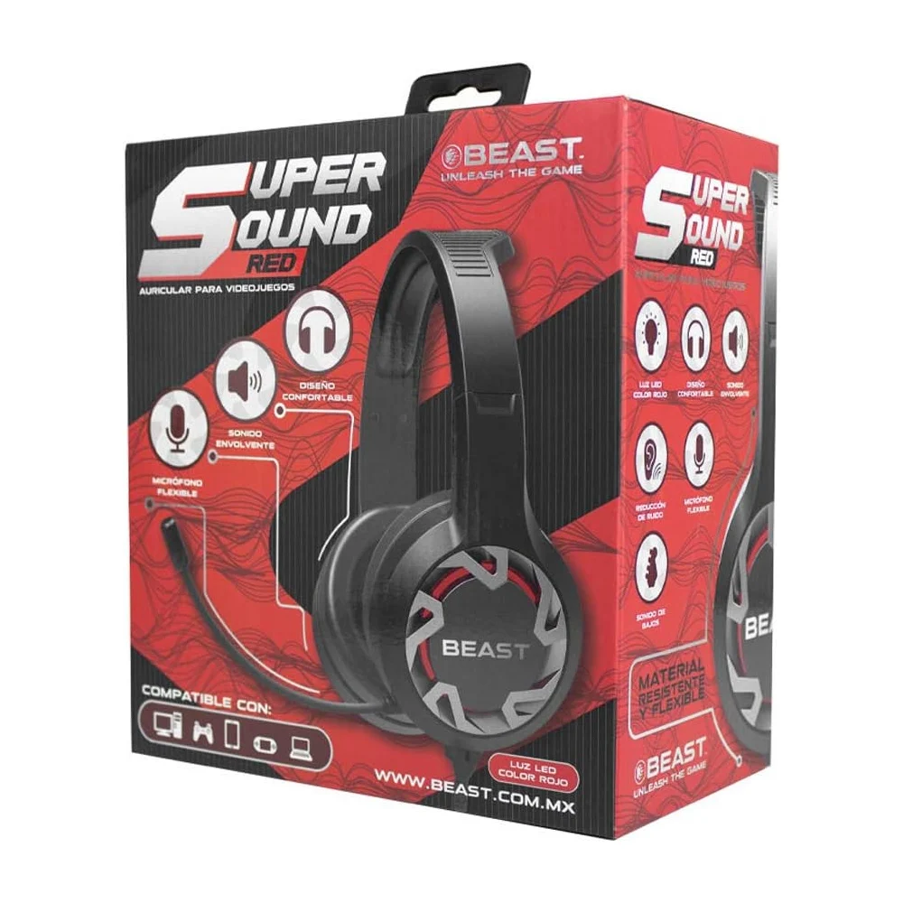 Audífonos diadema beast super sound con luz led color rojo y micrófon…