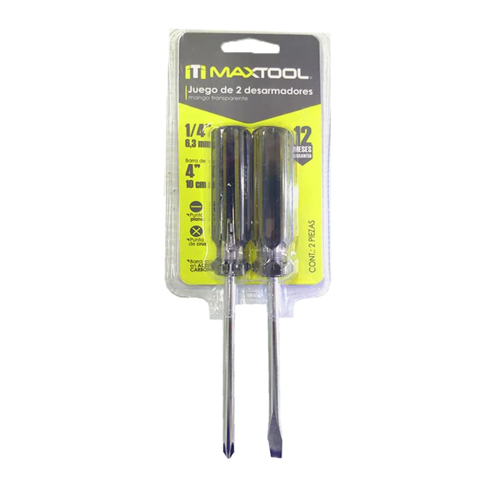 Blíster con 2 desarmadores maxtool de punta plana y cruz, barra de 15…