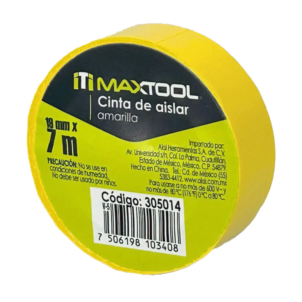 1pza Cinta aislante maxtool en color amarillo, 19mmx7m / 305014