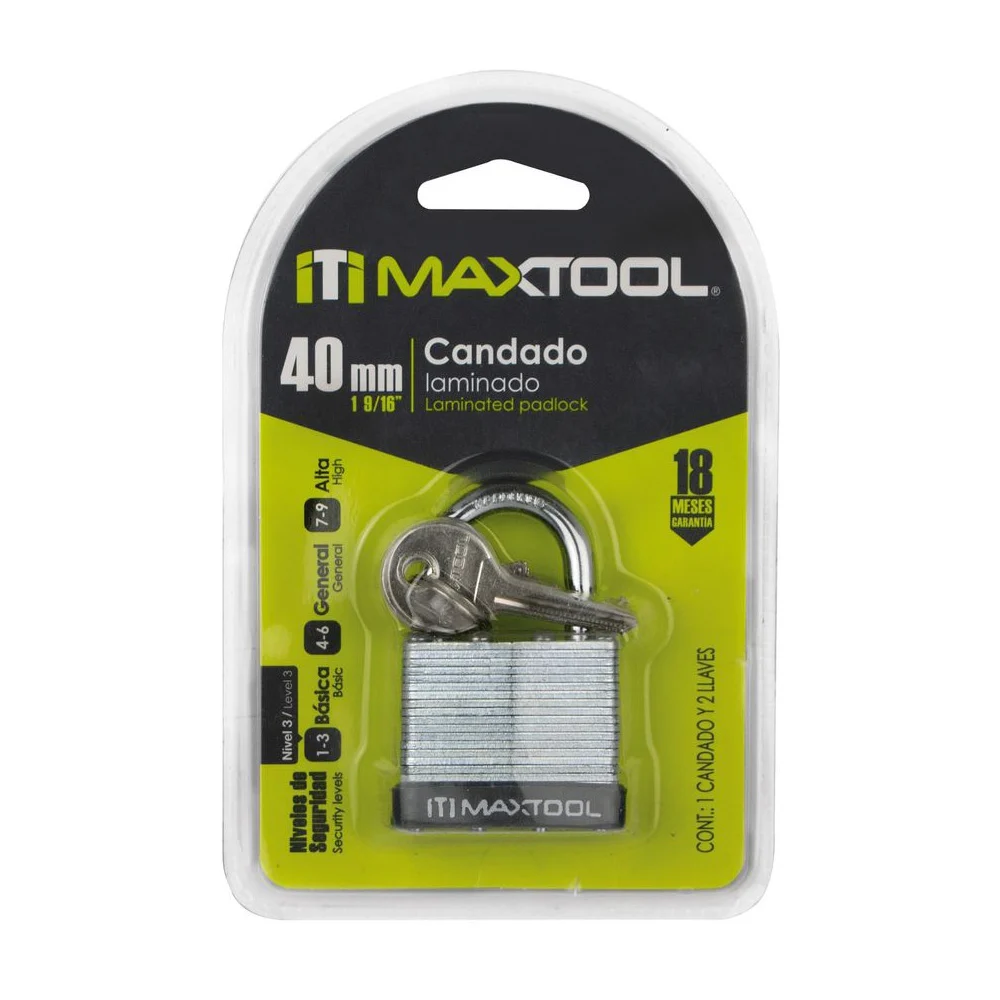 Candado laminado maxtool de 40mm con juego de 2 llaves / 305102