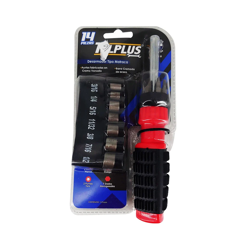 Set 14 piezas con desarmador tipo matraca, 7 dados hexagonales y 6 pu…