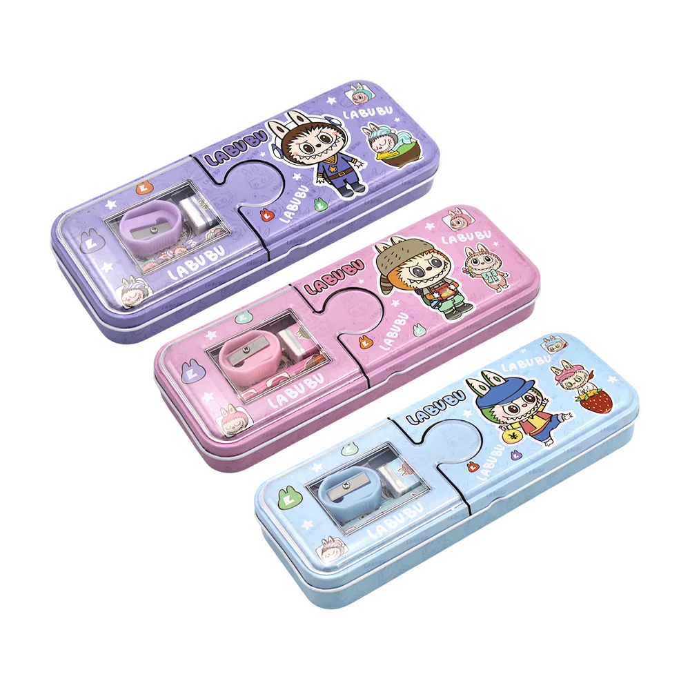Estuche metálico de 2 niveles con estampado de labubu + regla de 15cm…