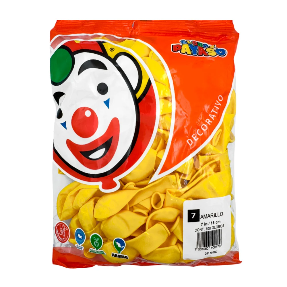 Paquete de 100 globos payaso en color amarillo de 7 in - 18 cm / 4005…