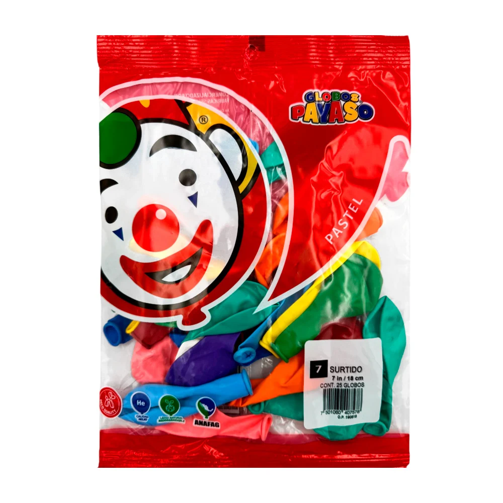 Paquete con 25 globos payaso de 7 in - 18 cm en colores surtidos / 40…