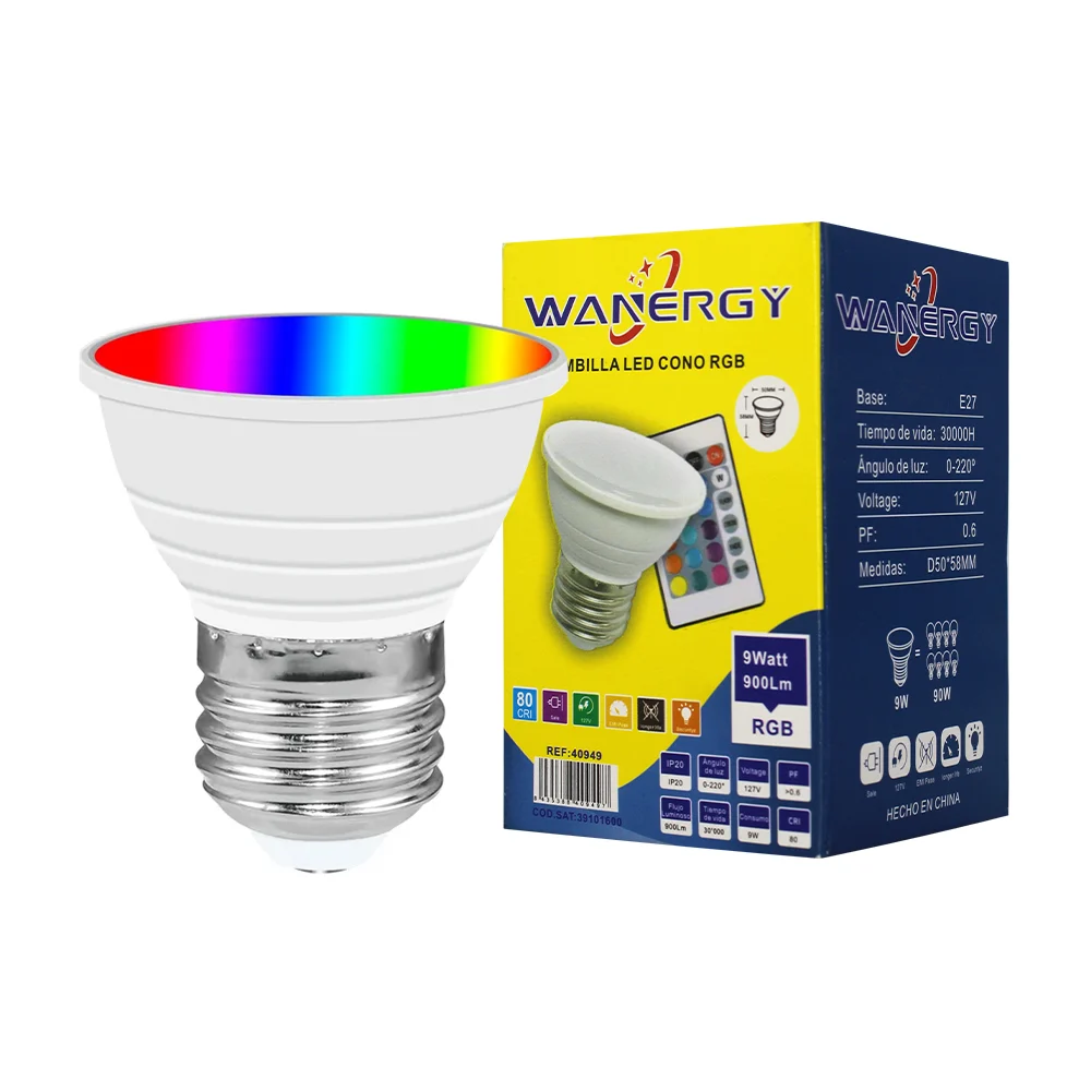 Foco bombilla rgb wanergy en forma de cono con consumo de 9 watts + c…
