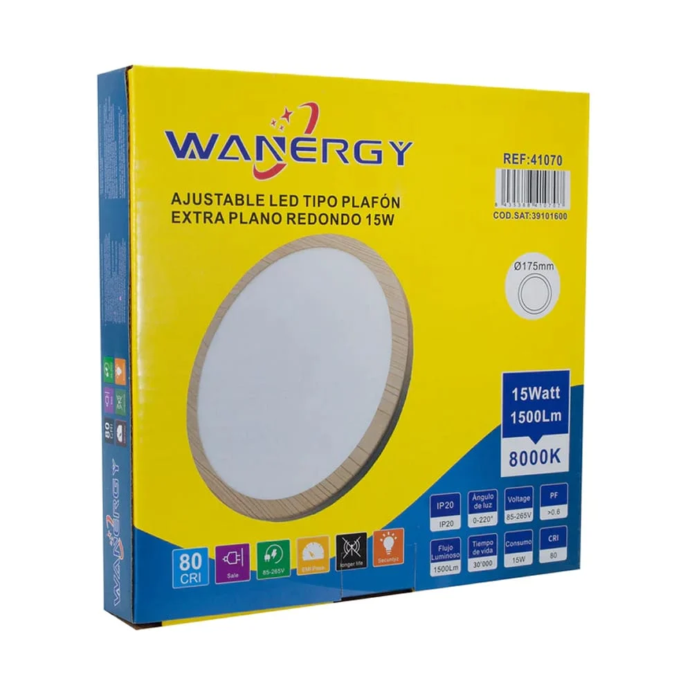 Lámpara led tipo plafón redondo con marco de madera y consumo de 15 w…