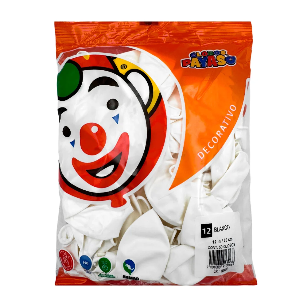 Paquete de 50 globos payaso de 12 in - 30 cm en color blanco / 413968…