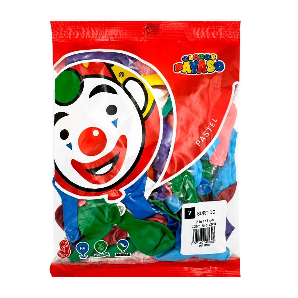 Paquete de 50 globos payaso de 7 in - 18 cm en colores surtidos / 415…