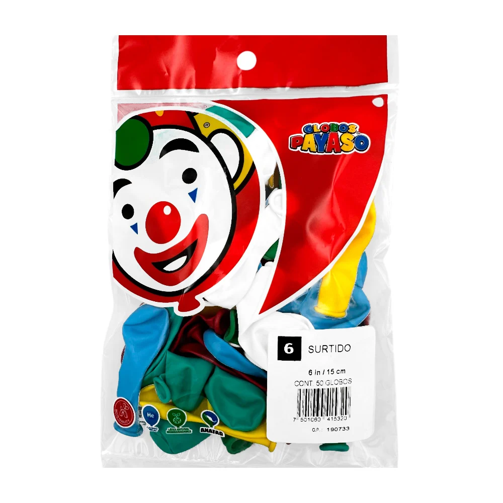 Paquete con 50 globos payaso de 6 in - 15 cm en colores surtidos / 41…