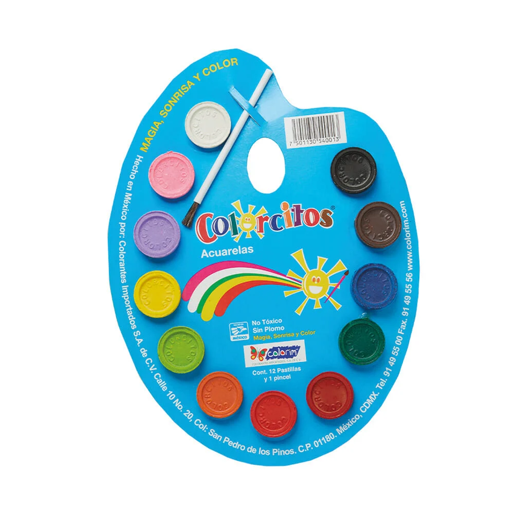 Paleta con 12 acuarelas redondas colorcitos de colores y pincel / 540…