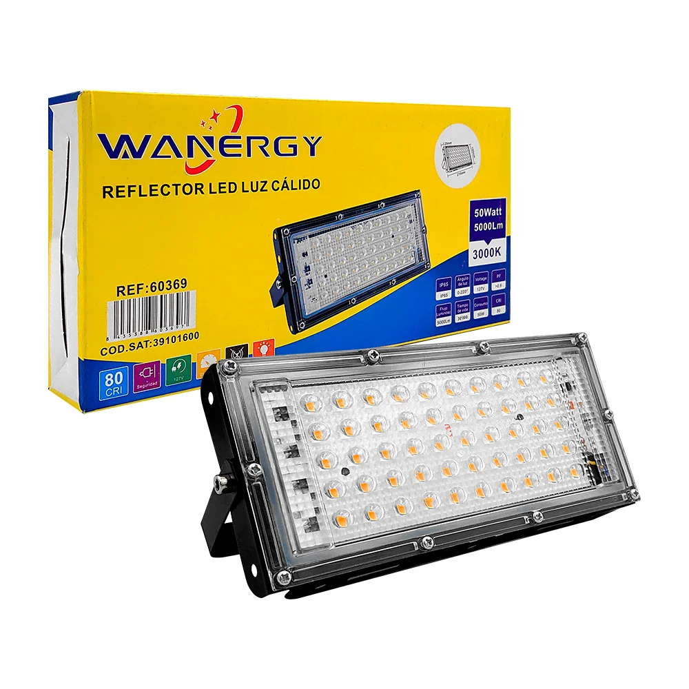 Reflector wanergy led de luz cálida 50w, rectangular y borde de plást…