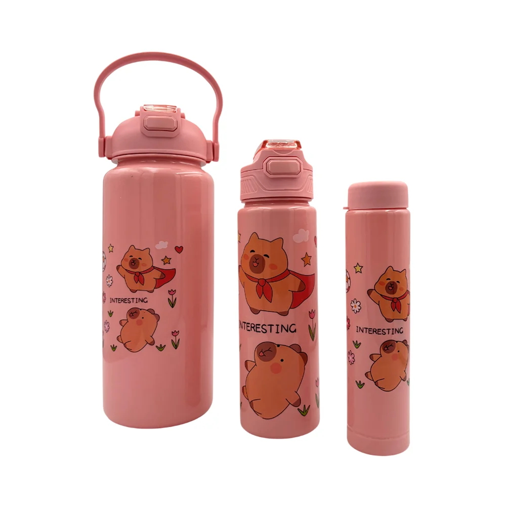 Juego de 3 botellas de plástico con popote y estampado de capibara, v…