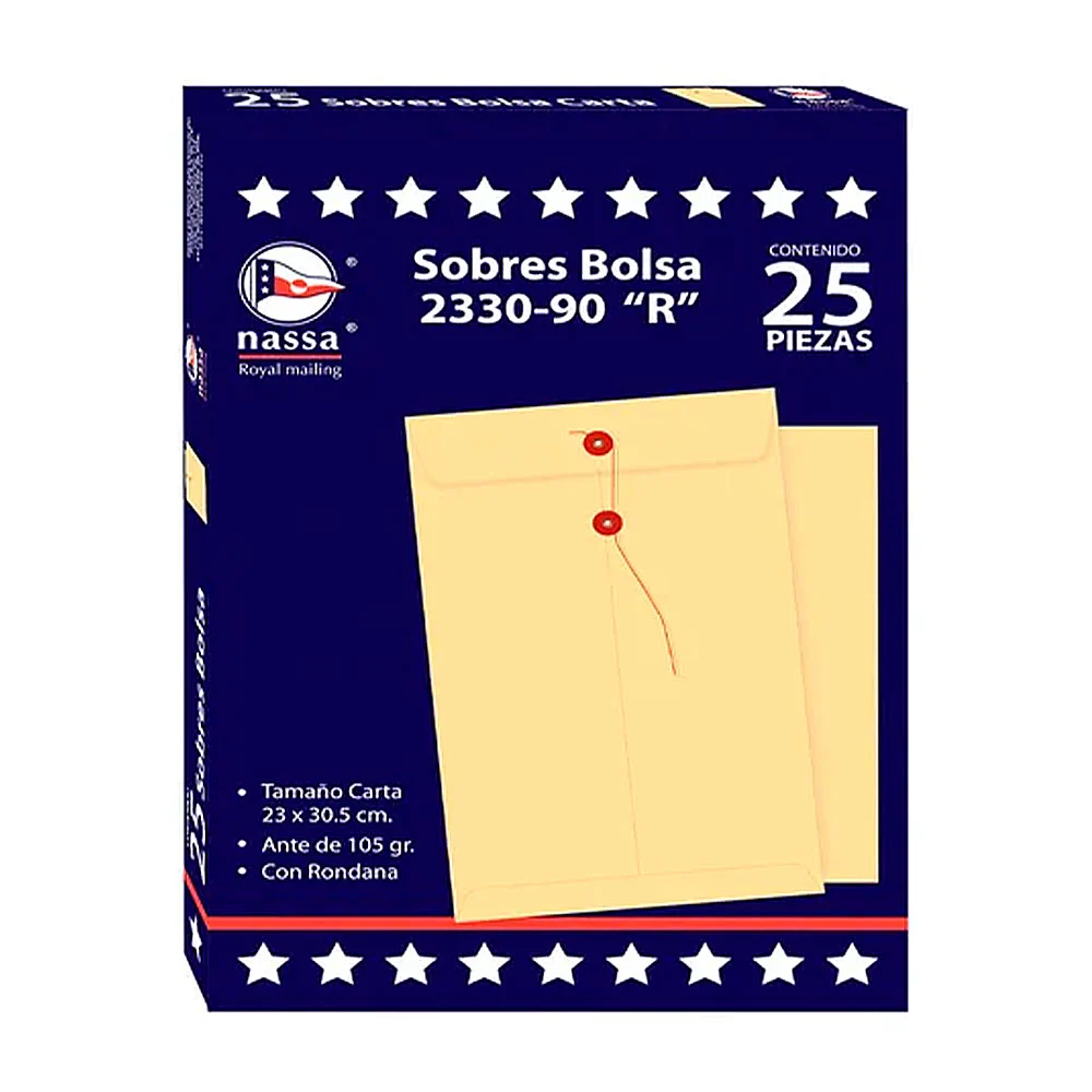 Paquete con 25 sobres bolsa con broche de hilo, tamaño carta 23x30.5c…