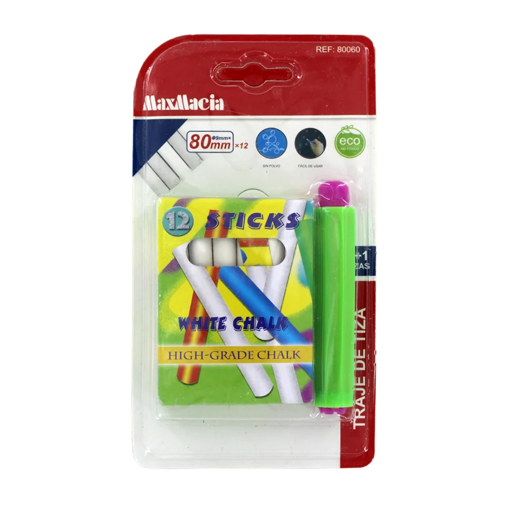 Blíster con caja de 12 gises-tizas de color blanco, 80mm + 1 porta gi…