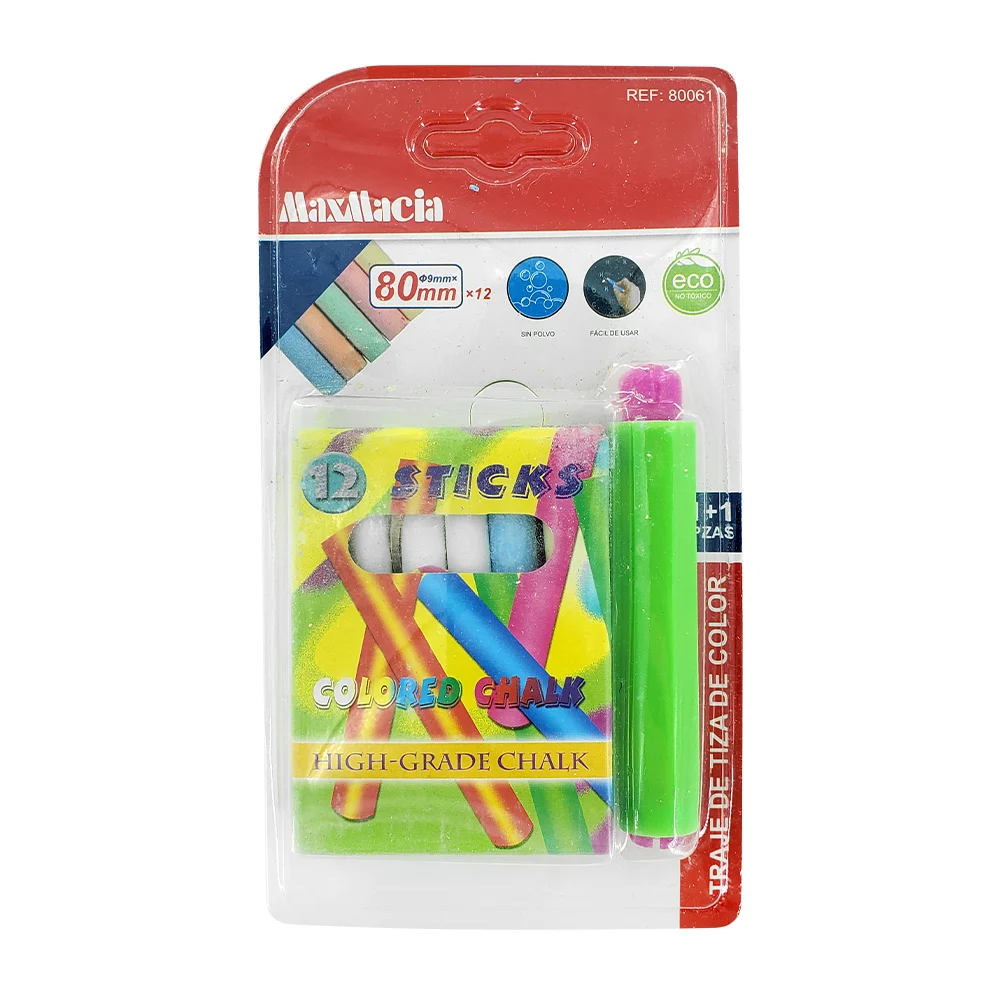 Blíster con caja de 12 gises-tizas de colores, 80mm + 1 porta gis-tiz…