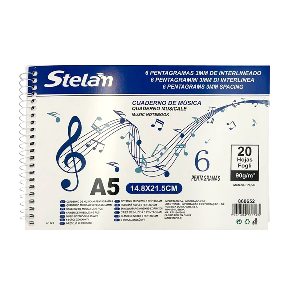 Cuaderno de música stelan con 20 hojas a5 de 6 pentagramas, 14.8x21.5…