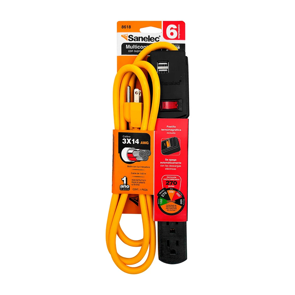 Barra multicontacto bicolor sanelec con 6 tomacorrientes, pastilla te…