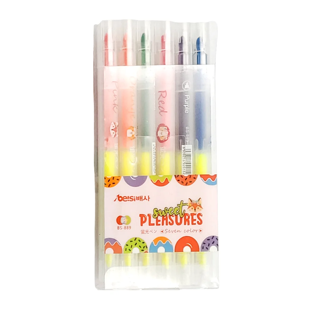 Blister de papelería con 6 plumones / marcatextos de doble punta, var…