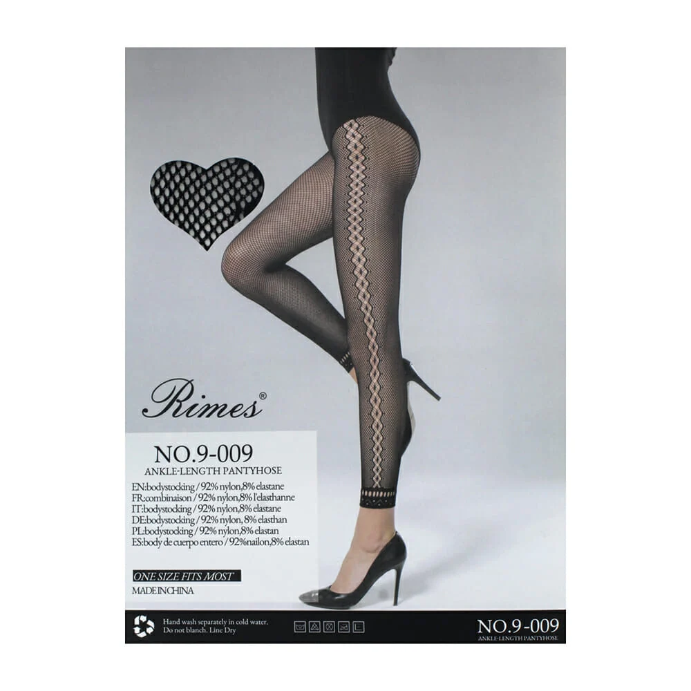 Pantimedias negras rimes de red con separación pequeña y decoración lateral tipo cadena / 9-009
