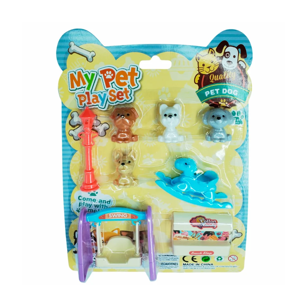 Blíster con 4 mini perros + columpio, caballo mecedor y tienda de sna…