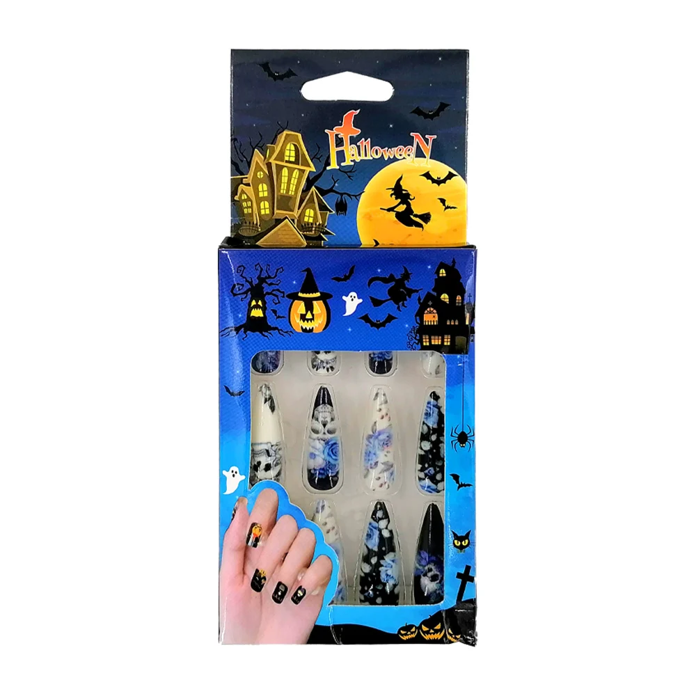 Paquete 12 uñas postizas con diseño temática de halloween, variedad d…