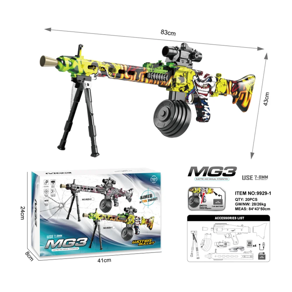 Pistola de hidrogel tipo metralleta mg3 con accesorios, variedad de d…