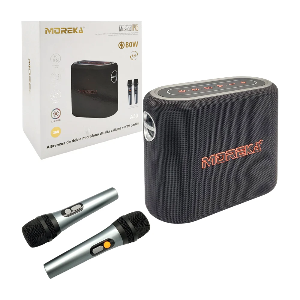 Set de bocina y micrófonos moreka con entrada tipo c, auxiliar, usb, …