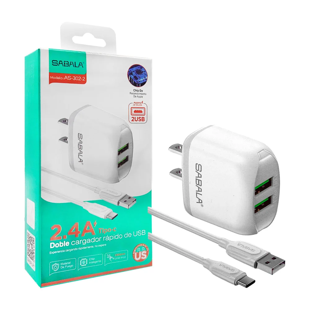 Combo cubo cargador sabala con 2 puertos usb + cable usb de 1m con en…