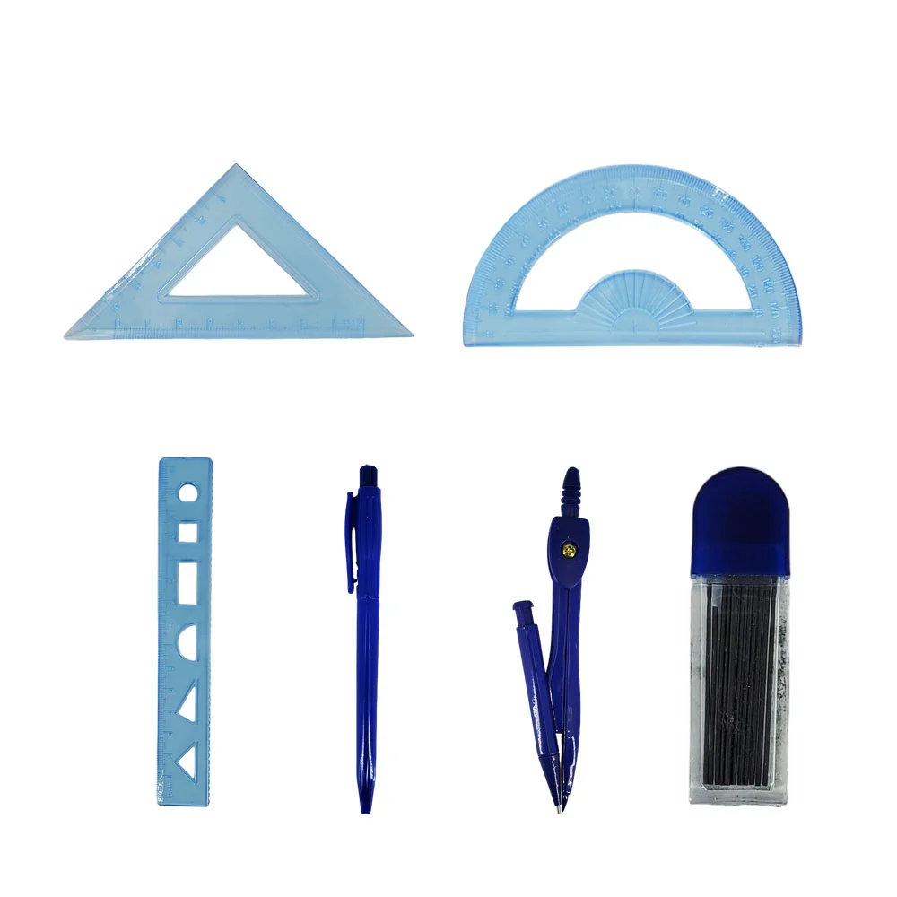 Estuche transparente con compás, puntas de repuesto, pluma, 2 escuadr…