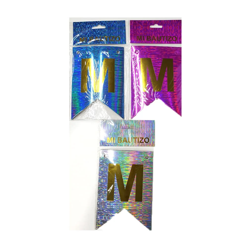 Banderín holográfico con frase mi bautizo con diseño de líneas, varie…