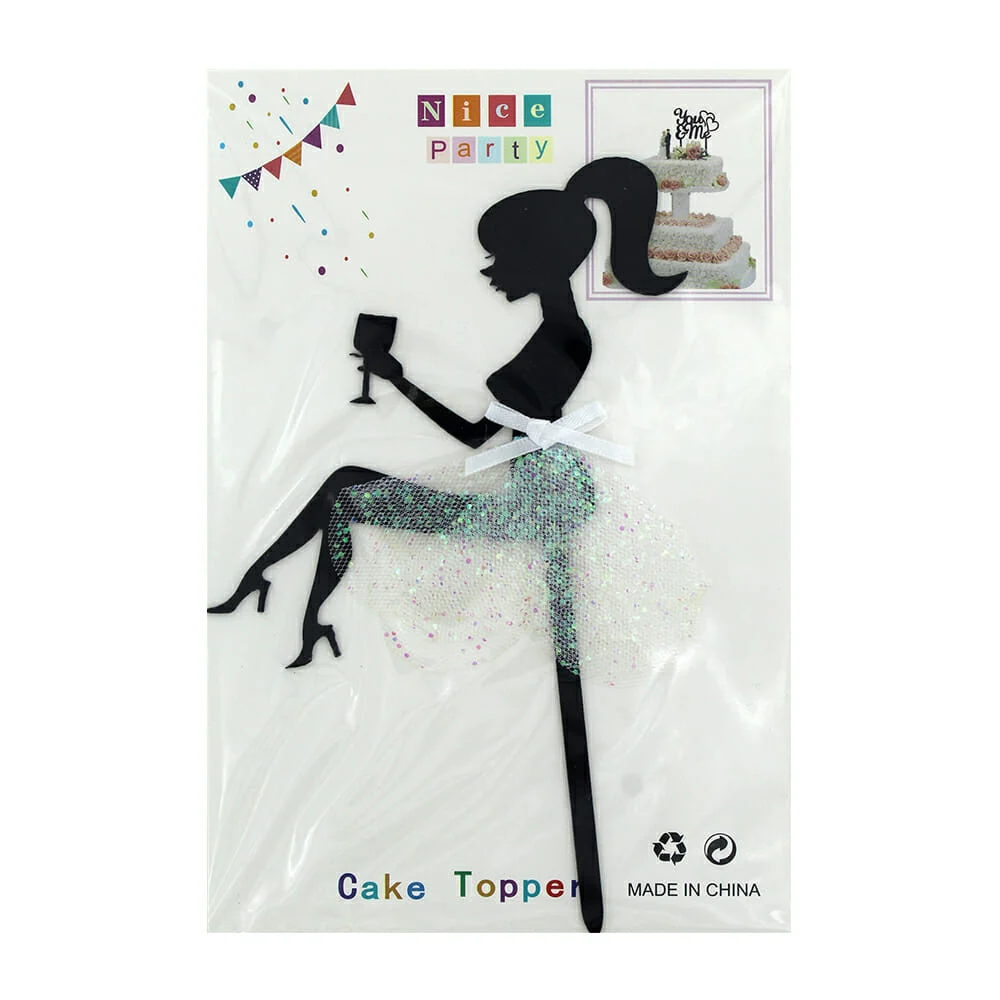 Cake topper en forma de mujer con falda de tela y moño de listón para…